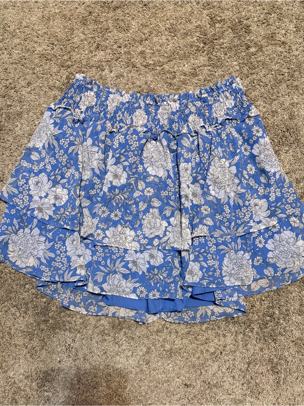 Express Blue Floral Smocked Waist Tiered Ruffle Mini Skirt Chiffon Size XL